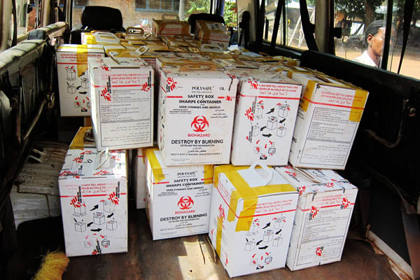 Sharps boxes ready for burning in Dungu, DR Congo